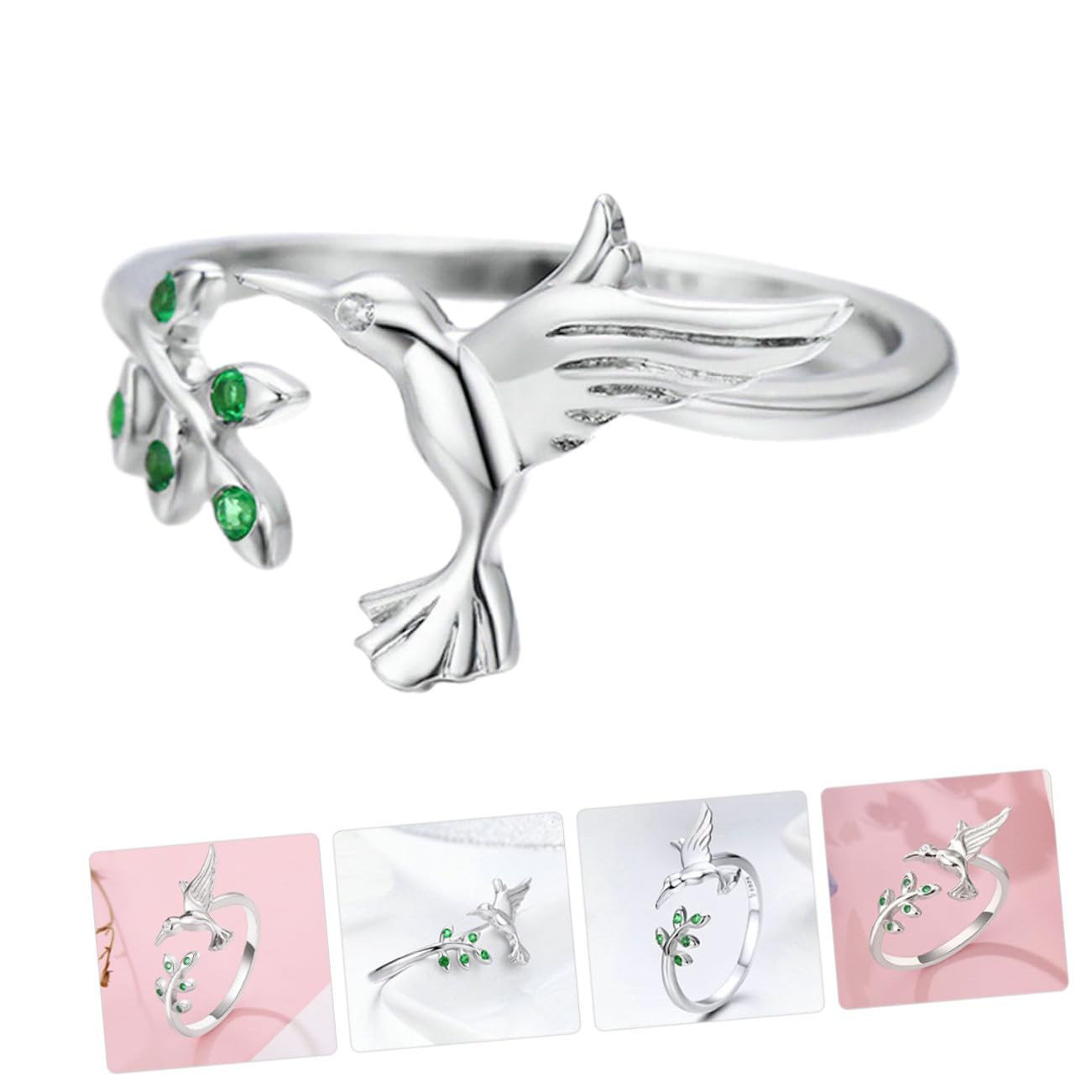 HANABASS Anillo Abierto de Colibrí y Hojas para Mujer, Joyas de Anillo Ajustable, Diseño Ligero de Metal Seguro, Moda para Chicas Adolescentes, Uso Diario, Tamaño Único, Color Platino