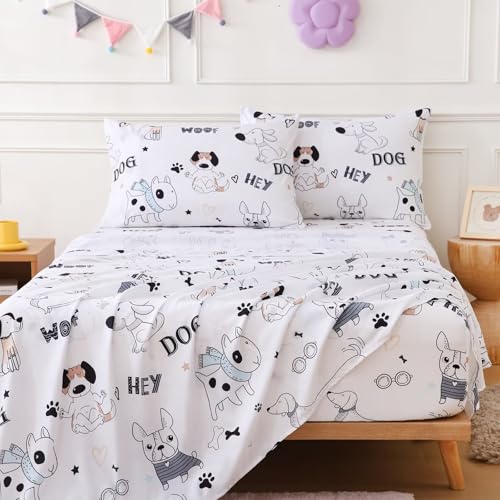 CIMVI Twin Sheets Set for Kids Cute Dogs Bed Sheets Boys 3 Pieces Soft Microfiber Bed Sets with Deep Pocket Cartoon Puppy Printed for Children