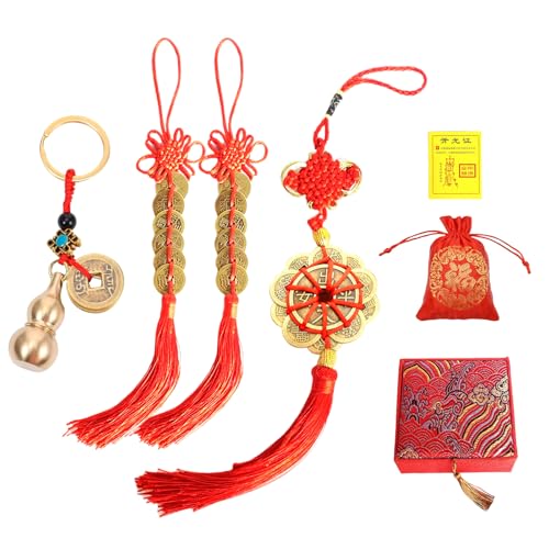 BQLYblink 4 Feng Shui Monedas de Suerte de Nudo Chino Wu Lou de Latón de Feng Shui con Llaveros de Monedas para Seguridad Riqueza Suerte con 1 Tarjeta de Bendición y 1 Bolsa Roja 1 Caja de Tela