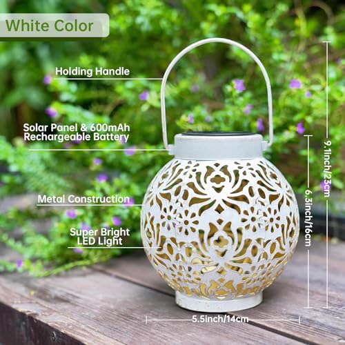Image of 2 Pack Outdoor Solar Hanging Lantern Lights Metal LED Decorative Lamp for Garden Patio Courtyard Lawn and Table with Hollowed-Out Design (White)