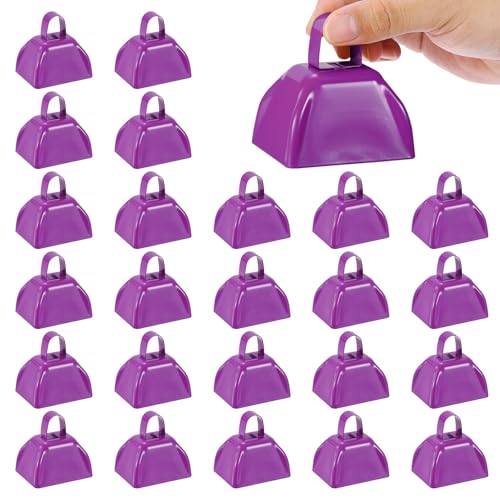 PATIKIL 24pcs Cow Bells for Football Games,3in Cowbells for Sporting Events Bulk Loud Noise Makers Metal Cow Bell with Handle for Cheering Competition Marathon Wedding, Blue Purple