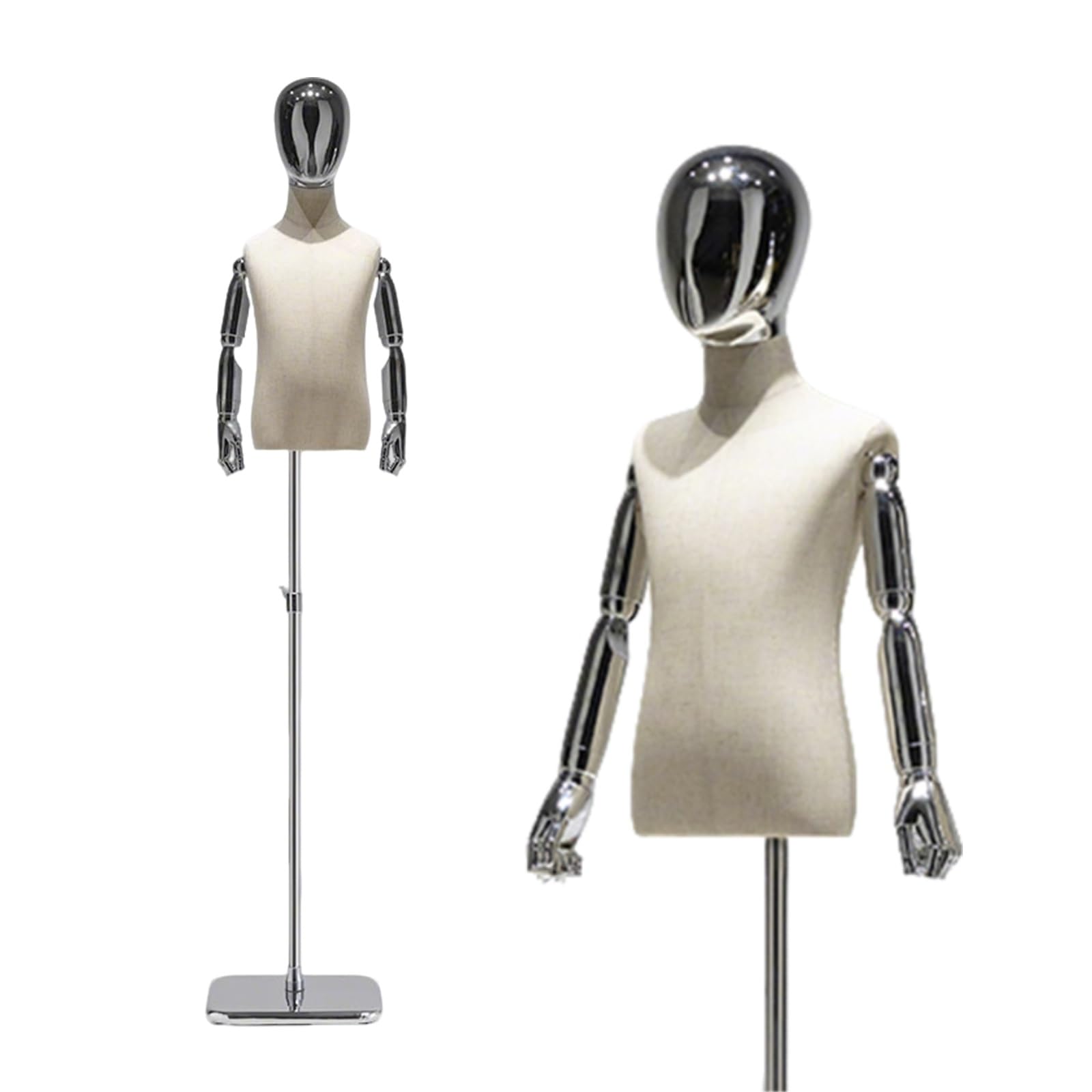 Kinder-Schaufensterpuppe, Schaufensterpuppen-Torso, Schneiderpuppe for Nähen, Schneiderpuppen-Körper mit Metallständer, Höhenverstellbar, Nähen for Bekleidung, Schals(Silver,110-120cm/43.3-47in)