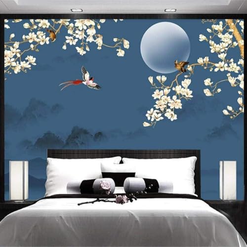 Tzxztt Ramas Luna Flores Pájaros Picos Moderno Papel Pintado 3D Seda Texturizada Primera Calidad Neutros Material Ideal Para SalóN Dormitorio-200cm×140cm