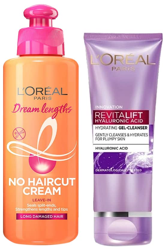Image of L'Oreal Paris Dream Lengths No Haircut Cream Leave-In Conditioner, 200ml & L'Oreal Paris Revitalift Hyaluronic Acid Hydrating Gel Cleanser, 100 ml