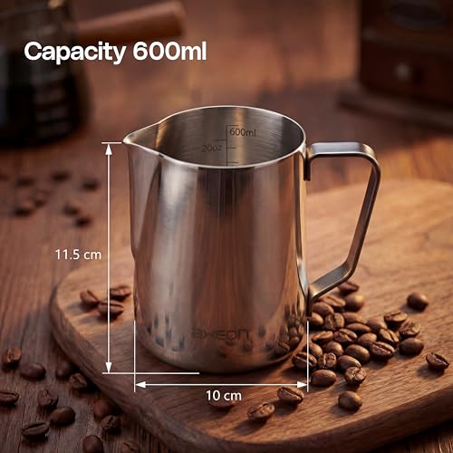 Image of Axeon Stainless Steel Milk Frothing Pitcher | Espresso Milk Frother Jug with Internal Scale & Matte Coating | V-Spout for Latte Art | Barista Steam Jug for Cappuccino & Coffee (Silver, 600ml /20oz)