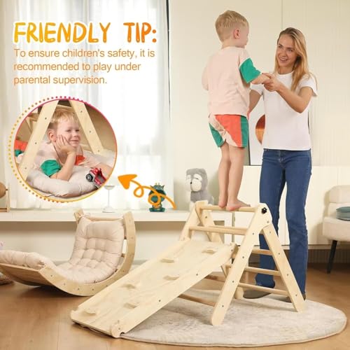 Image of Yopnoyik Pikler Triangle Set with Cushion, 7 in 1 Toddler Climbing Toys Indoor, Montessori Foldable Climbing Set, Wooden Climbing Toys for Toddlers Inside with Ramp, Arch and Ladder (Nature Wood)