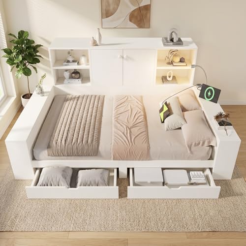 Canape Abatible de Formato Doble 140x200 con Cajoneras de Arrastre Inferior como Marco de Madera con Modulo de Carga USB y Tipo C y Bastidor Estructural Estable Blanca