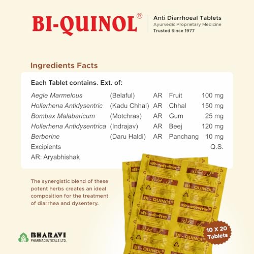 Image of BI-QUINOL Loose Motion Tablets | Anti Diarrhea Ayurvedic Medicine | Dysentery Support | Bharavi (6 strips with 20 tablets each)