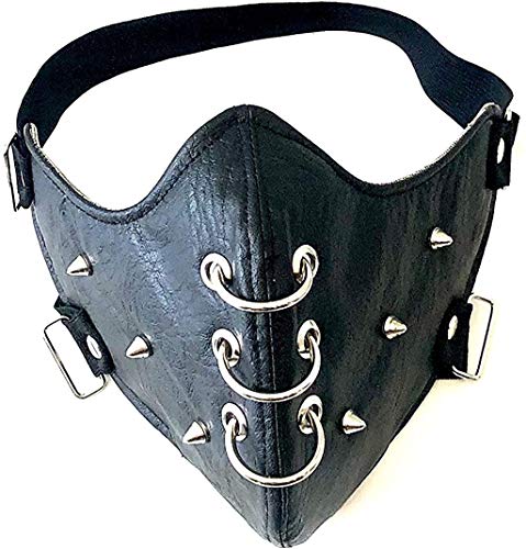 Black Leather Mask with Spikes for Bikers, Rockers, Heavy Metal Concerts and Cosplay (Black)