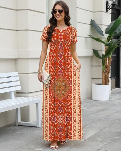 Image of COSSEN Women's Crew Neck Short Sleeve Maxi Dress with Pockets Casual Loose Swing for Wedding Guest Beach Vacation