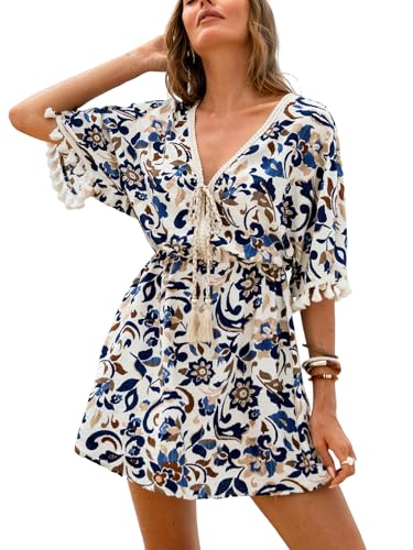 Image of CUPSHE Women Tassel Trim Summer Dress V Neck Lace Short Sleeve Paisley Boho Casual Sundress Holiday Beach Mini Dress