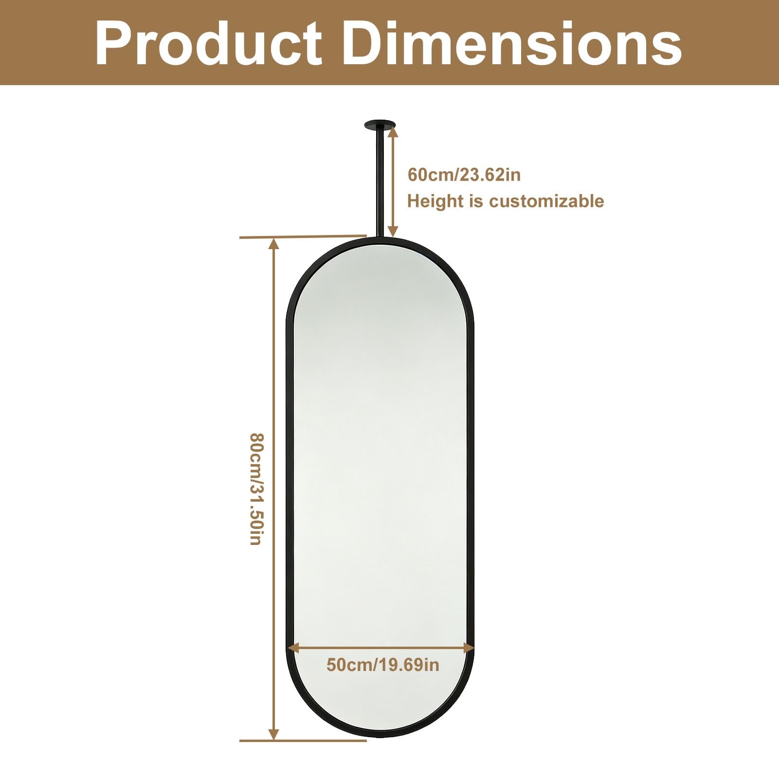 Miroir ovale moderne à tige suspendue, salle de bains monté au plafond | Miroir monté au plafond avec cadre et flèche en acier inoxydable brossé,pour salle d'eau,chambre à coucher(Noir,50cmx80cm)