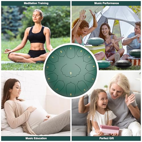 Image of D Major Steel Tongue Drum Handpan, 12 Inch 13 Note Large Rain Drum for Outside Garden, Meditation Rain Chime, Musical Percussion Instrument for Adult Gift with Bag, Music Book, Drum Mallets (Green)