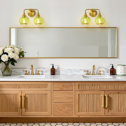 Image of Brushed Gold Bathroom Vanity Light 2-Lights Bathroom Light Fixtures Over Mirror with Green Clear Glass Shade 14 inch Wall Sconce Lighting Bath(Exclude E26 Bulb)