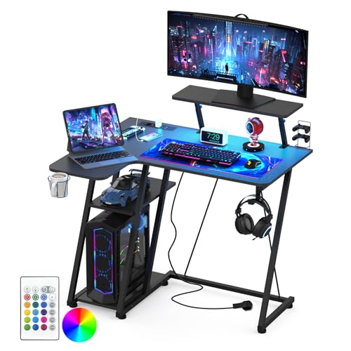 HaodaCulture Bureau Gaming LED 100x80 cm, Table Gamer avec Rangement, Table Gaming avec 2 Prises Electriques et 2 Ports USB, Support de Moniteur, pour Etudier,...