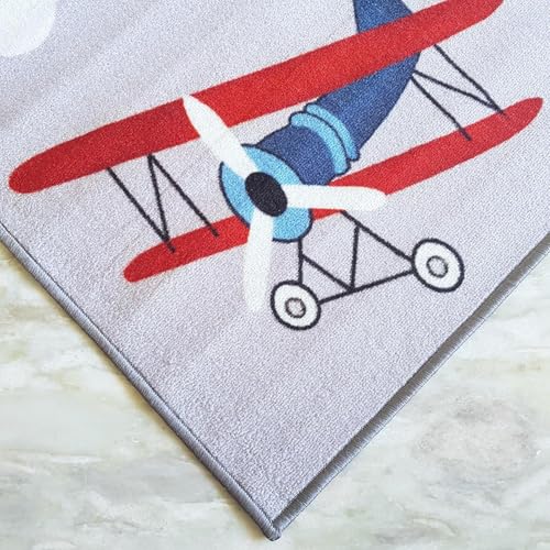Image of Matz&More Plane Kids Floor Mat | 40x60 CM | Grey Blue | Nylon Tufted Gel Baking Anti-Slip | Home School Doormat | Children Play Room Entrance & Child Bedroom