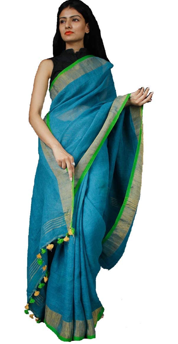 INDIA SILK PWCS LTD Women's Bhagalpuri Pure Linen Saree with Blouse (Blue)