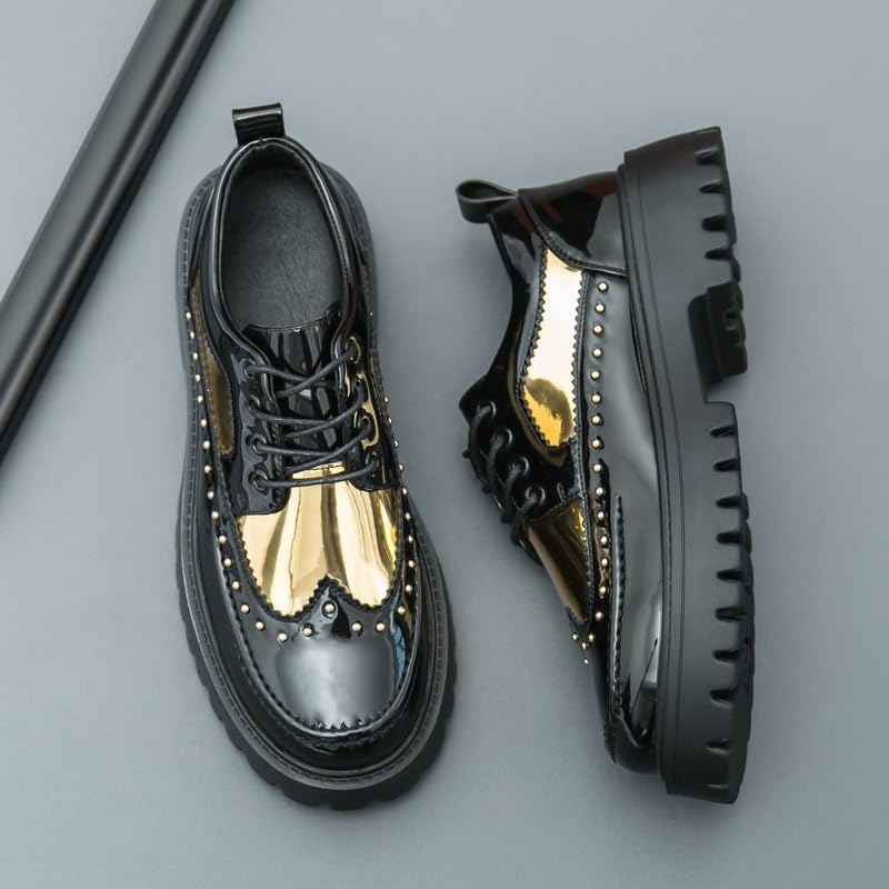 Image of Men's Patent Leather Platform Dress Shoes Classic Round Toe Thick Lug Sole Lace Up Oxfords Comfort Block Heel Derby Business Casual Shoes
