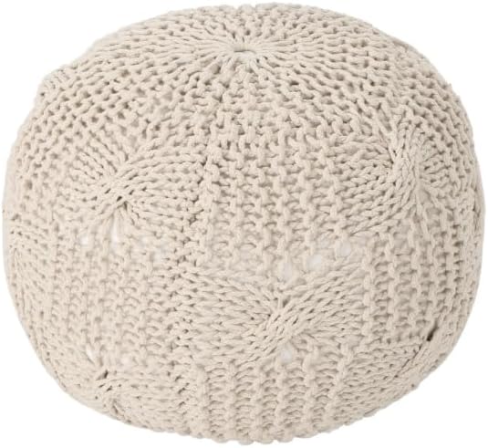 Knitted Cotton Round Pouf, Beige