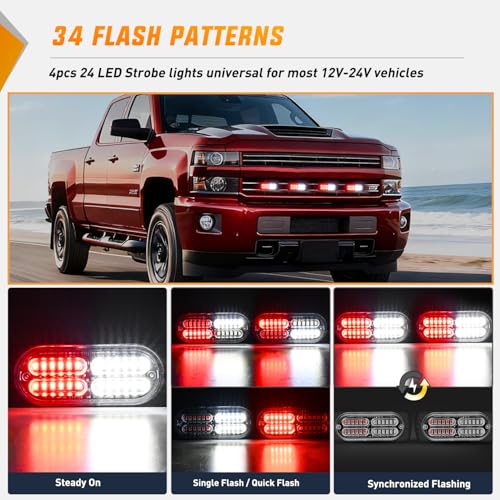 Image of Nilight 4PCS 24LED Red White Strobe Light 12V /24V Grille Surface Mount | Hazard Safety Warning Light with Sync Feature for Car Truck Camper Side Marker Aluminum Alloy Base Emergency Lights