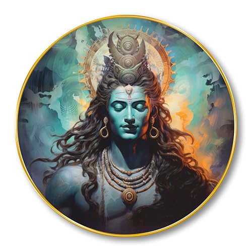 Image of SAF Lord Shiva Round Wall Painting with Golden Frame | Meditating Mahadev Modern Spiritual Wall Art | Divine Hindu Religious Decor for Living Room Bedroom Temple Office (23 X 23 Inch) GR-254