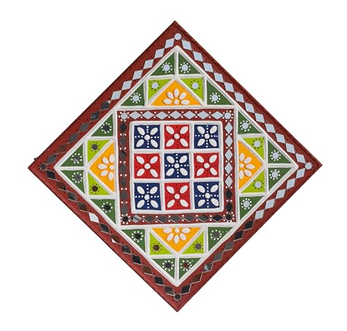 Image of Ethnics of Kutch Traditional Kutch Handicraft Mud-Mirrorwork Lippan Kam Wall Art (Water and Break Resistant) - Square (12 inch x 12 inch) - (Green LKT-0273)