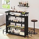 DWVO Mini Home Bar Unit Table with Wall-Mounted Shelf Rack & Music Sensing LED Light, Modern Liquor Wine Bar Cabinet with Footrest and Storage for Home Kitchen Pub Living Room, Black