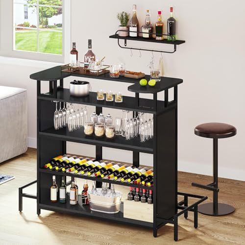 DWVO Mini Home Bar Unit Table with Wall-Mounted Shelf Rack & Music Sensing LED Light, Modern Liquor Wine Bar Cabinet with Footrest and Storage for Home Kitchen Pub Living Room, Black