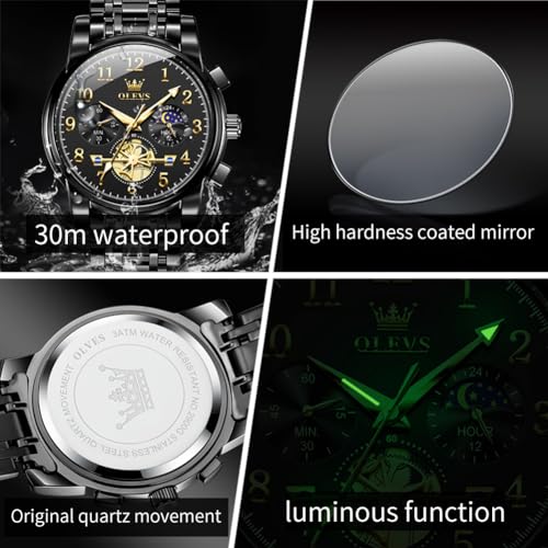 Image of OLEVS Men's Business Watch Gold Blue with Large Easy-Read Analog Quartz Date Display Luxury Stainless Steel Band Waterproof Luminous Hands