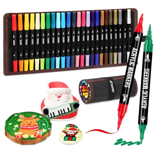 Pagather 24 Colors Acrylic Paint Markers, Dual Tip with Fine Tip and Brush Tip Pens for Stone, Wood, Calligraphy, Canvas, Ceramic, Metal, Glass, Rock Painting, DIY Crafts Art Supplies Kit