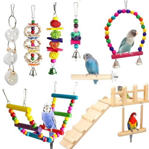 Image of FrgKbTm Wooden Parrot Bird Perch Platform with Climbing Ladder,Parrot Play Stand Bird Swing Bridge Chewing Toys for Parakeet Cockatiel Conure Lovebirds (Bird Swing Set 2)