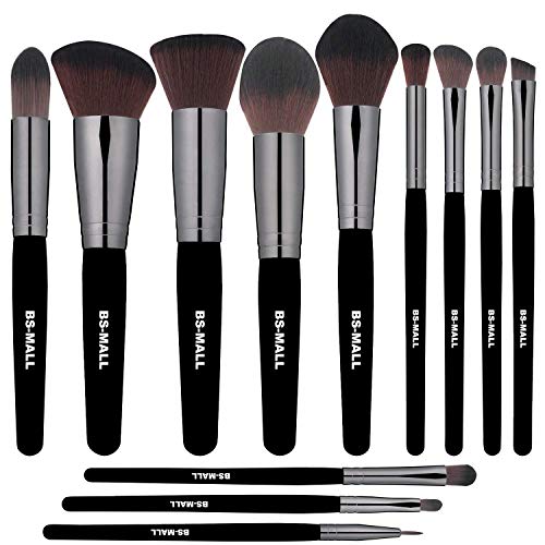 BS-MALL Makeup Brushes Premium Synthetic Kabuki Foundation Blending Blush Eyeliner Face Powder Basic Eyeshadow Lip Foundation Makeup Brush Set(12 Pcs, Grey Black)