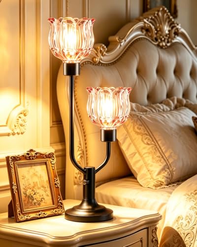 Image of Lightdot Mid Century Modern Table Lamp Dimmable Vintage Black Flower Lamp | Lotus Pink Glass Desk Lamp 2 Bulbs Included Warmwhite Ambient Nightstand Bedside Lamp for Living Room Bedroom Home Decor Gift