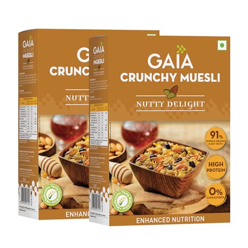 Image of Gaia Nutty Delight Muesli,High Fiber,Source of Protein,Zero Trans Fat,Light and Wholesome Breakfast Choice,Healthy and Nutritious, Combined with Almonds and Raisins 400G (Pack of 2)