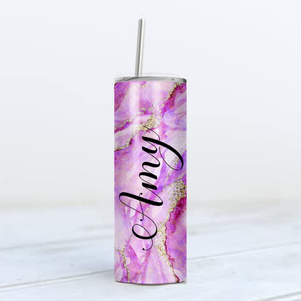 Personalized Magenta 20oz Tumbler | Stainless Steel Insulated Tumblers | Travel Cups | Double Wall Coffee Cup for Hot and Cold Drinks | Marble Glitter