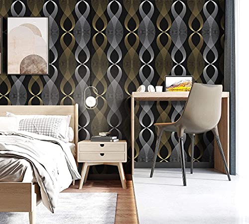 Image of Self Adhesive Decorative Peel Stick Waterproof Wallpaper Wall Decor Removable Wall Paper for Living Room Hall Decoration PVC Vinyl DIY Contact Paper 45x304cm (Black Wave)