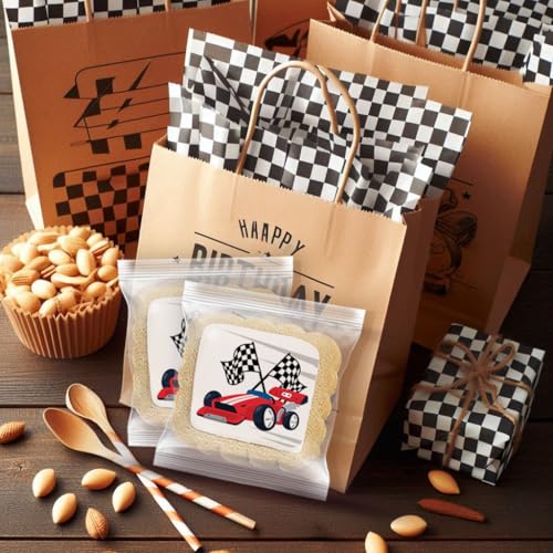 Image of Race Car Themed Cookies Party Favors | Individually Wrapped 24 Pack Bulk | for Kids Birthday Treats | Red Black White Raceway Race Track Black White Checkered Racing Theme