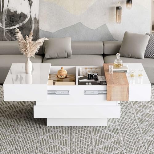 EURHCIO Table Basse Salon Carrée Extensible 70x70x39cm,Table D'appoint Brillante avec Espace de Rangement Dissimulé,pour Bout de...