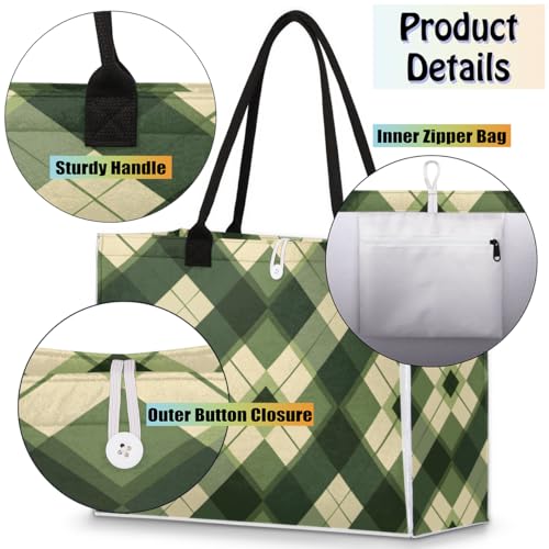 Green Art Plaid Tote Bag for Women Large Beach Bag Reusable Tote Bags for Work Travel Beach Shopping4