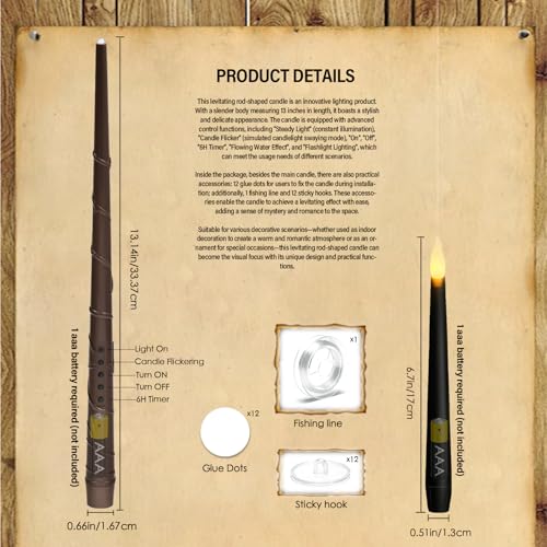 Image of kakoya Flameless Floating Candles with Wand，12 Pcs Magic LED Hanging Taper Candles，Flickering Battery Operated Taper Candle with Wand Remote for Halloween Decorations Best Gift（Black）