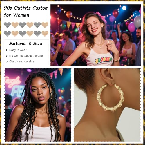 Bamboo Earrings 90s Outfits for Women Large Gold Bamboo Hoop Earrings 80s 90s Earring Jewelry Hip Hop Party Costum Accessories Gifts3