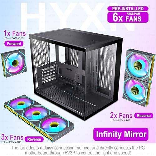 Image of H3 HYXN ATX PC Case - Pre-Installed with 6 Infinity Mirror PWM ARGB Fans - Compact Dual Cavity Mid-Tower PC Gaming Case - with Type-C 3.2-360mm Radiator Support, Black