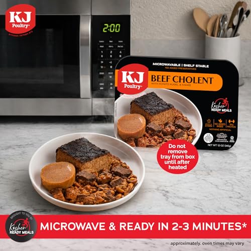 Image of KJ Poultry Kosher Ready Meals - Beef Chulent & Kugel, MRE Meat Meals Ready to Eat, Shabbos Food (12 Pack) Prepared Entree Fully Cooked, Shelf Stable Microwave Dinner Travel, Military, Camping Survival
