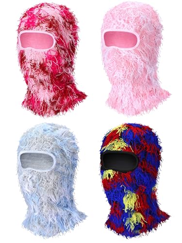 Fourluoo 4 Pcs 1-Hole Ski Mask Distressed Balaclava Winter Knitted Ski Mask Warm Full Face Cover Knit Beanie for Women Men(Mixing Colors)