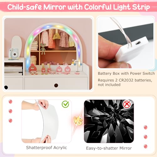 Image of Costzon Kids Vanity, Girls Vanity Set with Mirror and Stool and Lights, Drawers & Storage Compartments, Toddler Makeup Vanity Desk Dressing Table, Wooden Kids Vanity Table and Chair Set (White)