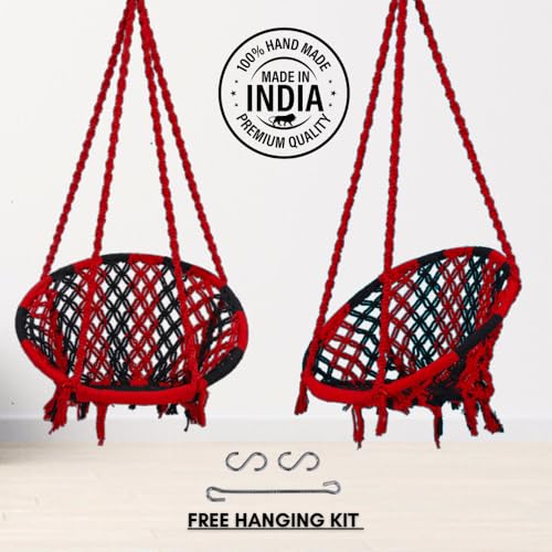 Image of Patiofy Cotton Round Swing Chair for Adults and Kids /Swing for Home, Balcony /Jhula for Adults /Jhoola for Living Room /Suitable for Indoor & Outdoor /with Hanging Kit (Red-Black)