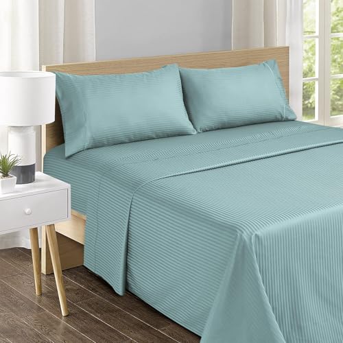 Image of Feather & Stitch 500 TC Split King Size Damask Bed Sheet Set, 100% Cotton Soft Breathable Bedsheets, 5 Piece 18 inch Deep Pockets Sateen Weave Striped Bedding - (Granite Green Stripe)