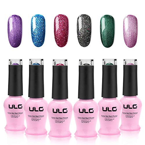 ULG Soak off UV LED Gel Nail Polish Set - 6 Color Collection Glitter Gel Polish Nail Art Manicure Gel Gift Box