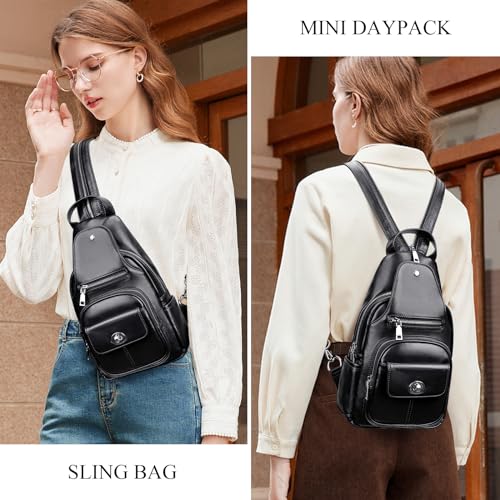 Image of Over Earth Genuine Leather Sling Bag for Women Men Small Causal Crossbody Purse Chest Backpack(O212E Classic Black)