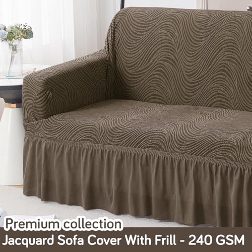Image of HOKIPO 3 Seater Sofa Cover with Frill - 240 GSM Premium Jacquard Stretchable Fully Covered Slipcover,' Serene Wave Series' Taupe Brown (AR-6354-LBR)